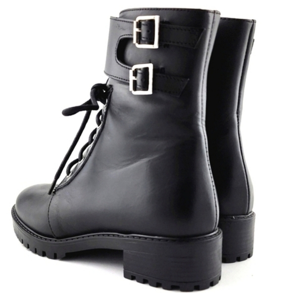 NWT Italian Shoemakers Black Leather Lace-Up Combat Short Boot Strap Buckle Sz 6 - Picture 5 of 15